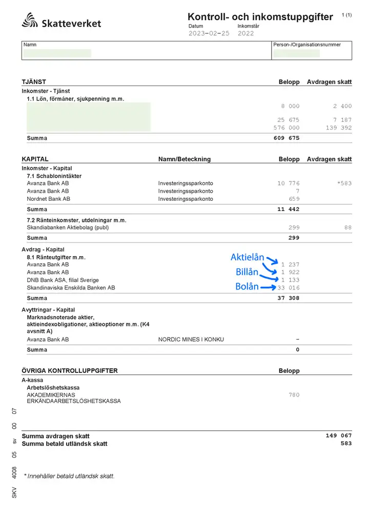 Ränteavdrag specificerat i deklarationens kontrolluppgift