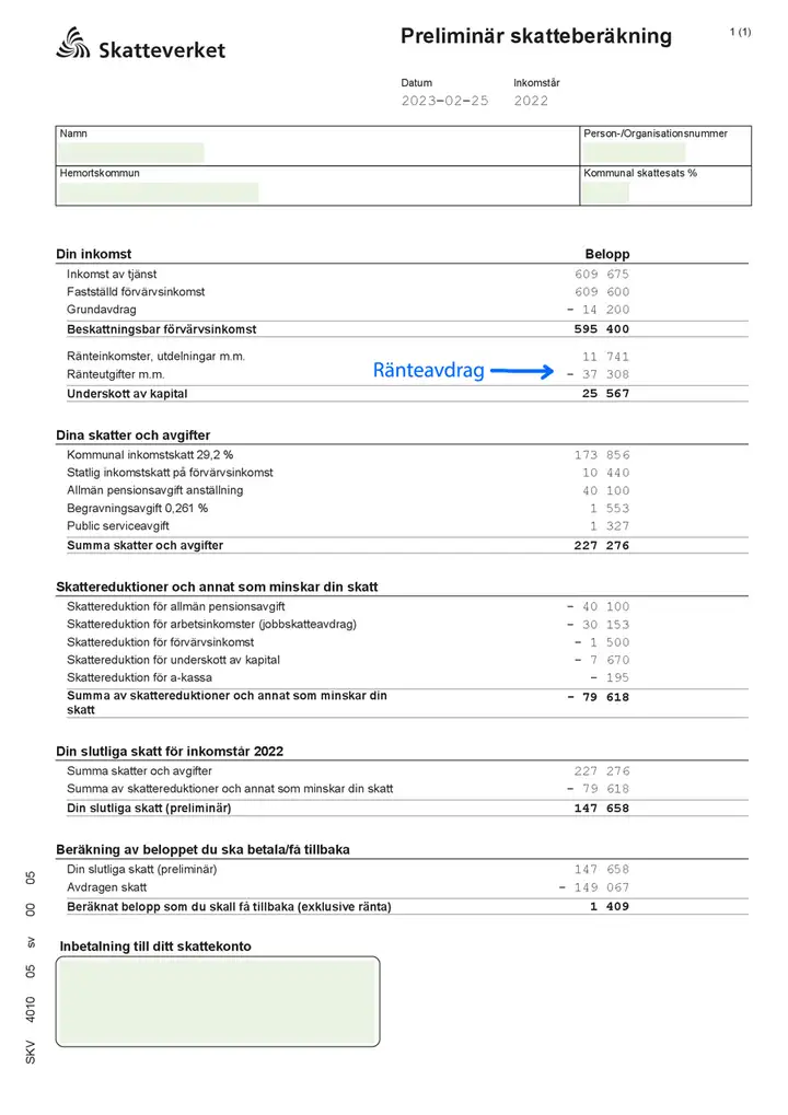 Ränteavdraget i deklarationens skatteberäkning